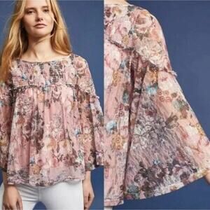 Anthropologie Akemi Kin Fairy Blouse Top SZ Large Cottagecore Sheer Floral Pink